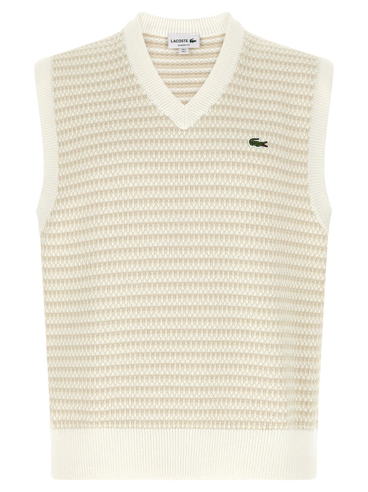 Sweater by Lacoste for men in polyamide crocodile leather & cotton beige, cream, green, patterned, jacquard & striped features an tactile silhouette, showcasing a sophisticated v-neck neckline and tactile sleeveless for a refined finish.