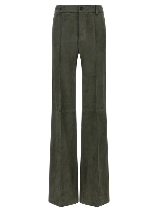 Trousers by STOULS for women in lamb leather gray, green & olive presents a smart silhouette, meticulously detailed with a smart bootcut, a smart long, and a smart high rise.