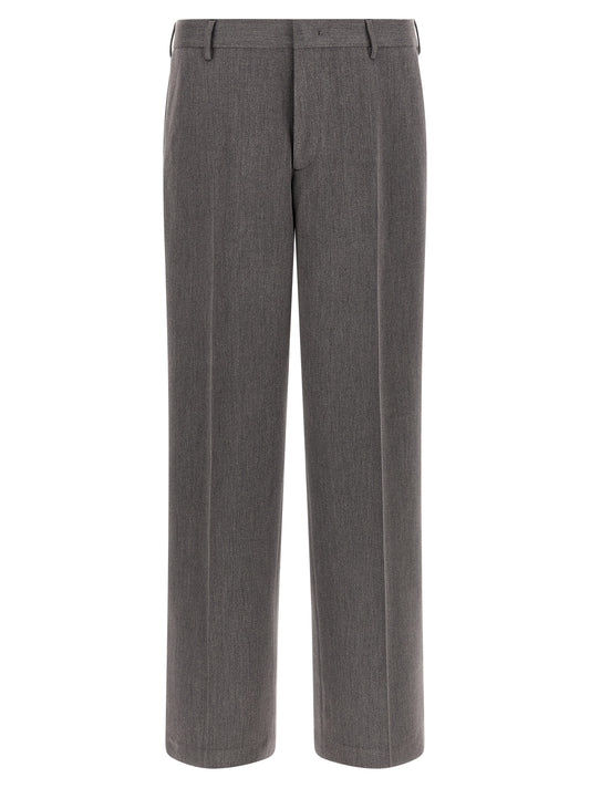 Trousers by CELLAR DOOR for men in stretch polyester & viscose brown features an on trend silhouette, showcasing a sophisticated relaxed-fit with a long and for an on trend finish.