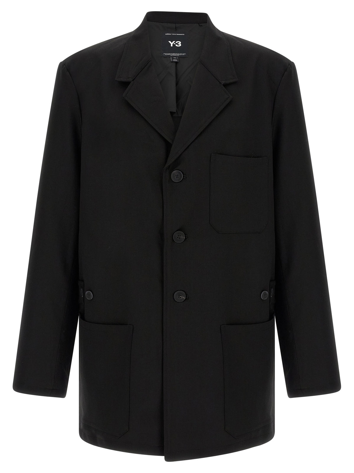 Overcoat by Y-3 for men in polyester viscose wool black showcases a enveloping silhouette, detailed with distinctive pockets and a enveloping lapel notch-lapel neckline.