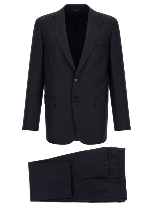 Pant Suit by Brioni for men in virgin wool blue features a tailored silhouette, showcasing a sophisticated and tailored straight for a refined, professional look.