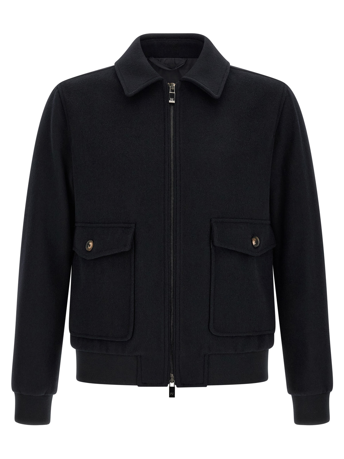 Bomber Jacket by Pal Zileri for men in plush polyester wool black & signature features a dramatic silhouette, showcasing a sophisticated shirt-collar neckline and distinctive pockets for a dramatic aesthetic.