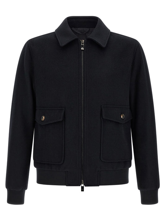 Bomber Jacket by Pal Zileri for men in plush polyester wool black & signature features a dramatic silhouette, showcasing a sophisticated shirt-collar neckline and distinctive pockets for a dramatic aesthetic.