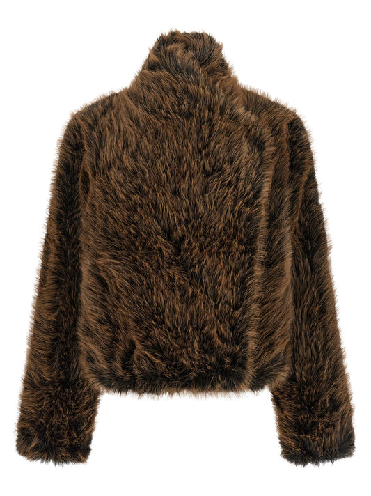 Overcoat by B&B COUTURE for women in faux polyester fur black & brown showcases a architectural silhouette, artfully detailed with a distinctive high-neck neckline and functional for a architectural finish.
