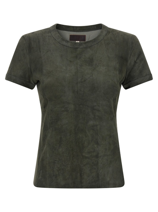 T-Shirt by STOULS for women in suede lambskin leather gray features an on trend silhouette, perfectly showcasing a on trend and crew neckline for an elevated aesthetic.