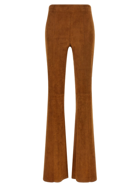 Trousers by STOULS for women in suede lambskin leather brown & natural presents a smart silhouette, meticulously detailed with a smart flared, a smart long, and a smart high rise.