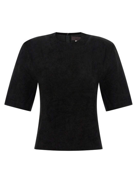 T-Shirt by STOULS for women in suede lamb leather black features a plush silhouette, showcasing a sophisticated round neckline and for a truly plush finish.