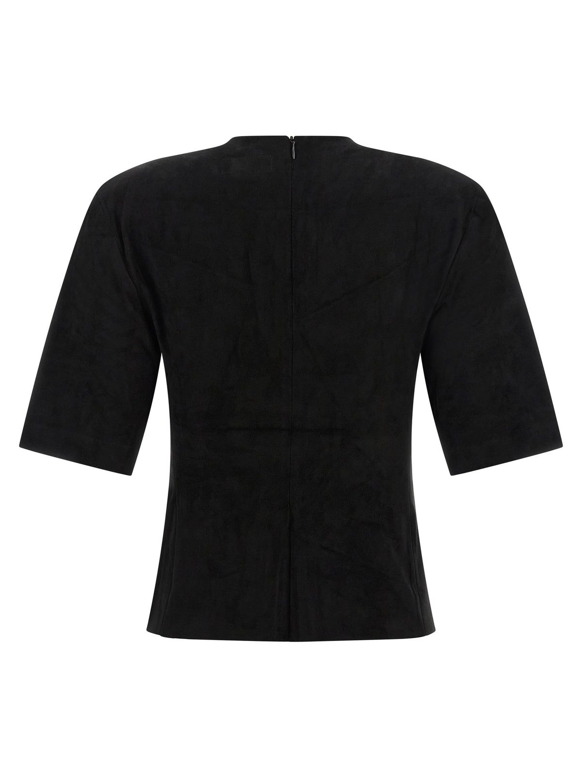T-Shirt by STOULS for women in suede lamb leather black showcases a dramatic silhouette, elegantly detailed with a dramatic round neckline and for a truly dramatic finish.