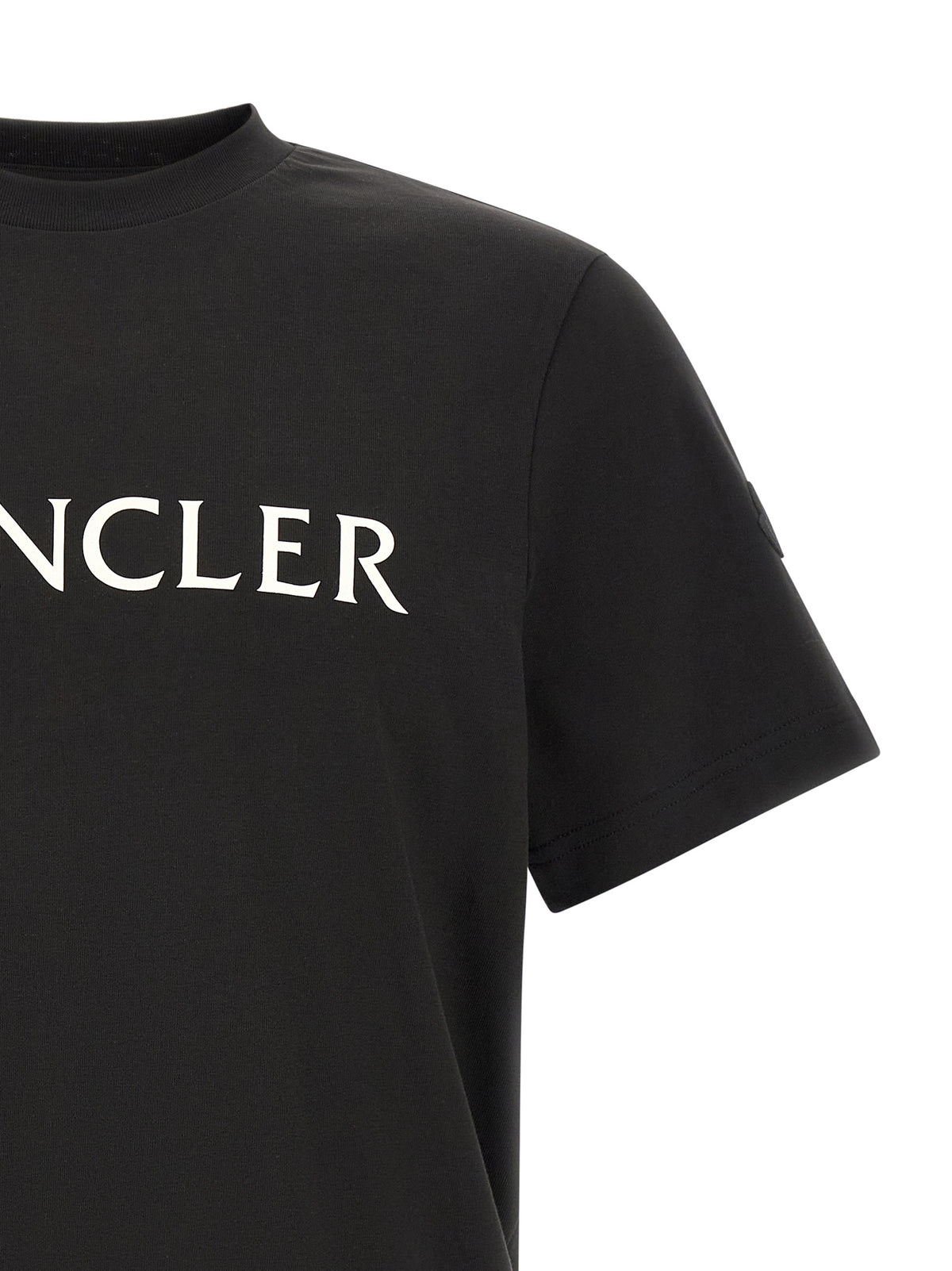 T-Shirt by Moncler for men in cotton felt black, white & print features a plush silhouette, showcasing a sophisticated crew neckline and for a truly plush finish.