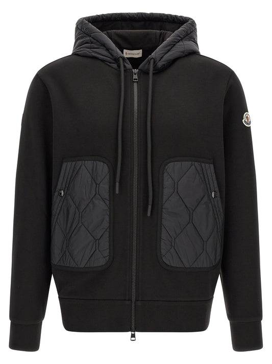 Hooded Cardigan by Moncler for men in nylon & cotton black & patterned features an impeccable silhouette, showcasing a sophisticated hooded neckline and detail for a truly impeccable finish.