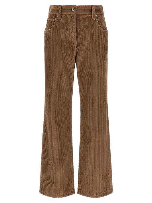 Trousers by Brunello Cucinelli for women in denim cotton corduroy brown features an sartorial silhouette, showcasing a precise straight, relaxed-fit & wide and long with a sartorial for a refined look.