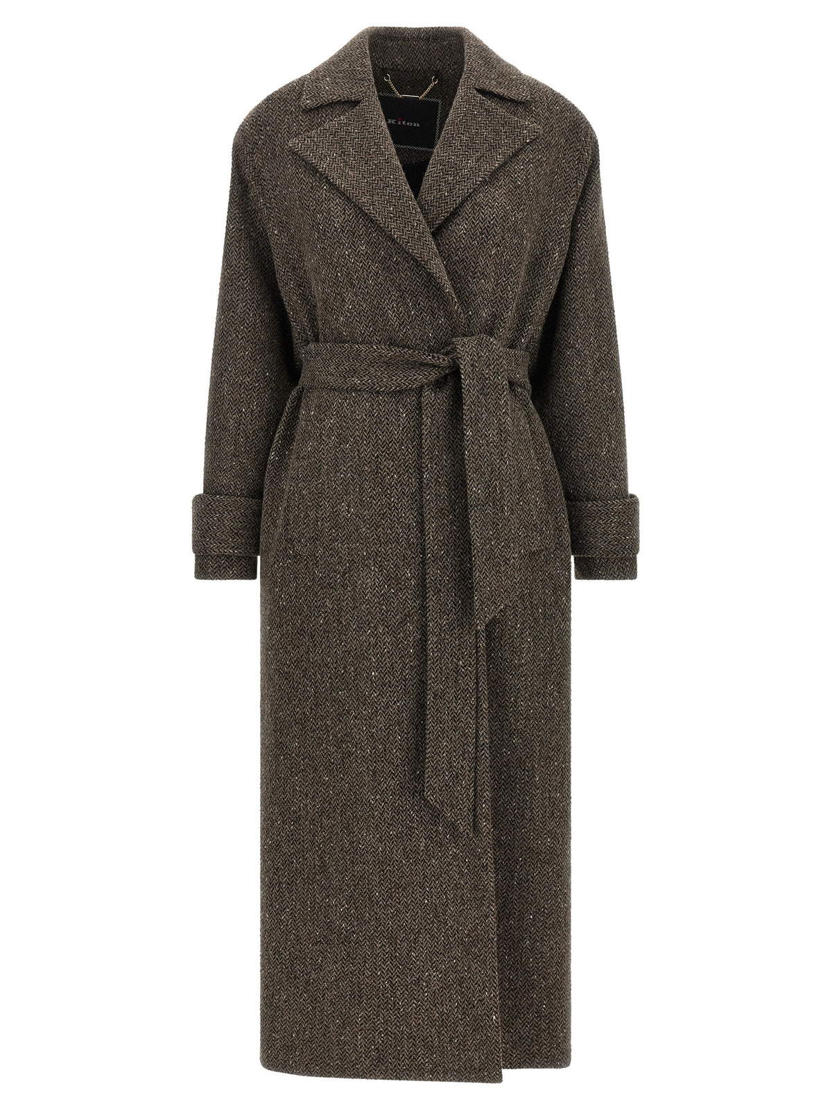 Overcoat by Kiton for women in virgin wool brown & chevron presents a luxurious silhouette, showcasing a luxurious split lapel neckline and sophisticated for a premium, luxurious look.
