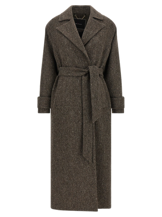 Overcoat by Kiton for women in virgin wool brown & chevron presents a luxurious silhouette, showcasing a luxurious split lapel neckline and sophisticated for a premium, luxurious look.