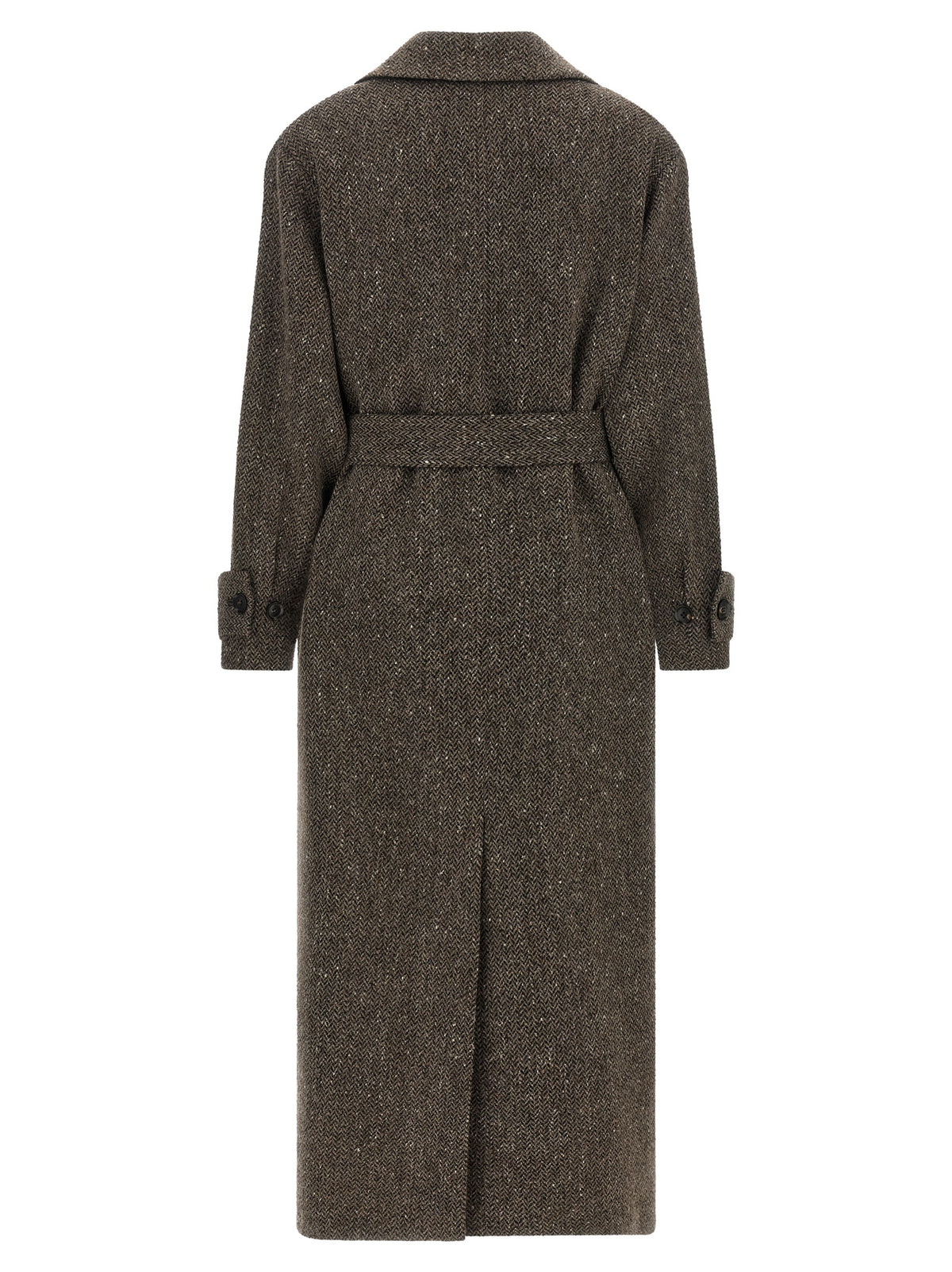 Overcoat by Kiton for women in virgin wool brown & chevron features an voluminous silhouette, showcasing distinct and a voluminous split lapel neckline for a truly voluminous aesthetic.