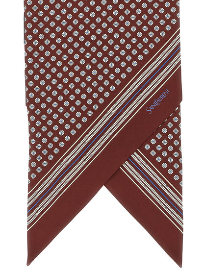 Scarf by Saint Laurent for men in silk twill blue, bordeaux, burgundy, white, patterned, signature & striped presents a cosy silhouette, artfully capturing the sophisticated design and premium aesthetic of the Silk Twill Foulard Scarf.