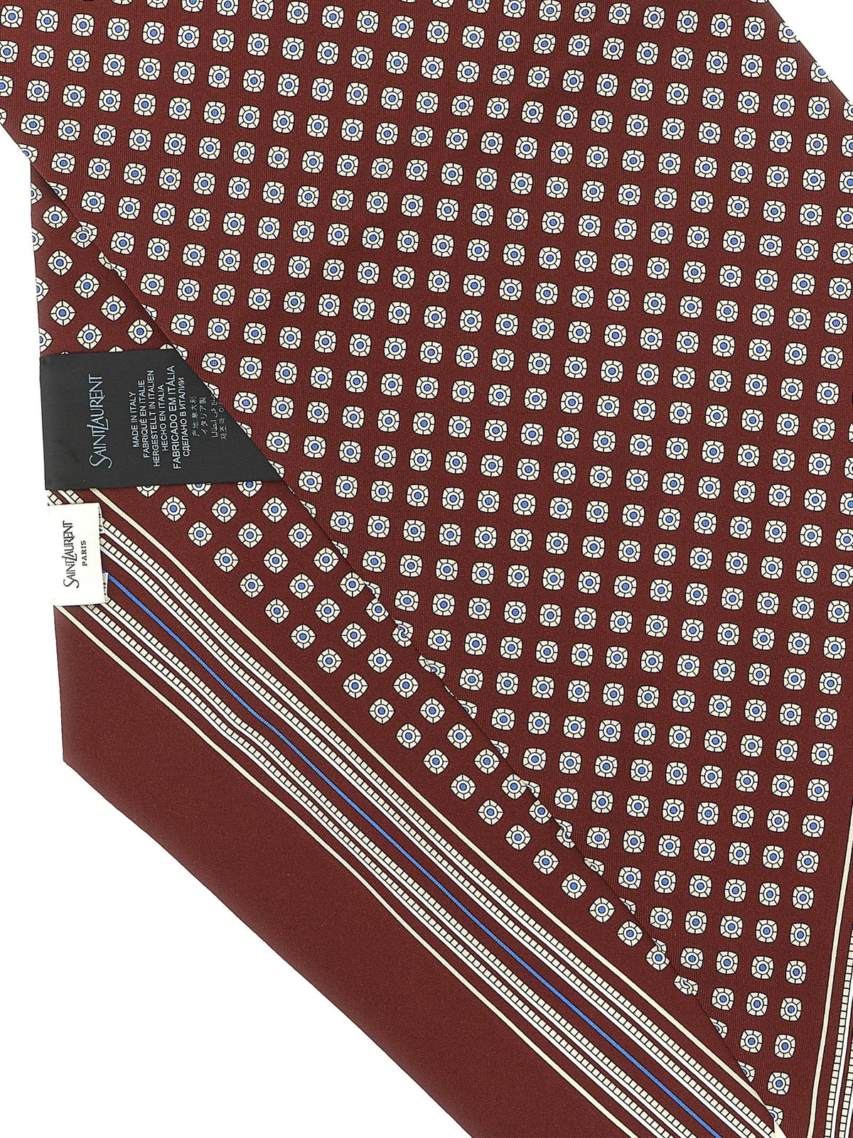 Scarf by Saint Laurent for men in silk twill blue, bordeaux, burgundy, white, patterned, signature & striped features a snug silhouette, perfectly showcasing the elegant drape and premium finish of the Silk Twill Foulard Scarf.