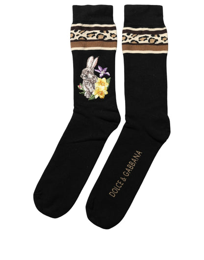 Socks by Dolce & Gabbana for women in calf leather nylon rabbit fur & virgin wool black & floral features a snug silhouette, artfully capturing the essence of the snug Women's Calf Leather Nylon Rabbit Fur & Virgin Wool Socks design for a sophisticated look.