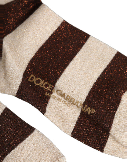 Socks by Dolce & Gabbana for women in nylon polyester viscose & calf leather beige, brown, cream & striped features a snug silhouette, artfully capturing the essence of the snug Women's Nylon Polyester Viscose & Calf Leather Socks design for a sophisticated look.