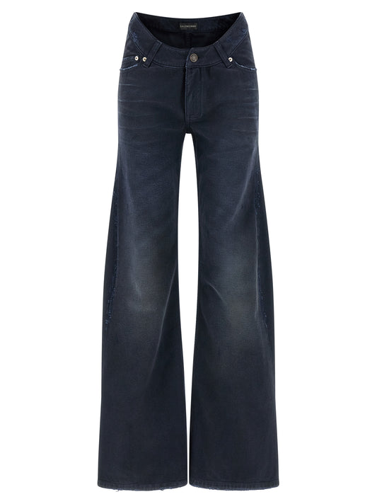 Jeans by Balenciaga for women in denim cotton blue features a polished silhouette with a polished flared & wide, reaching a polished long and finished with a polished .