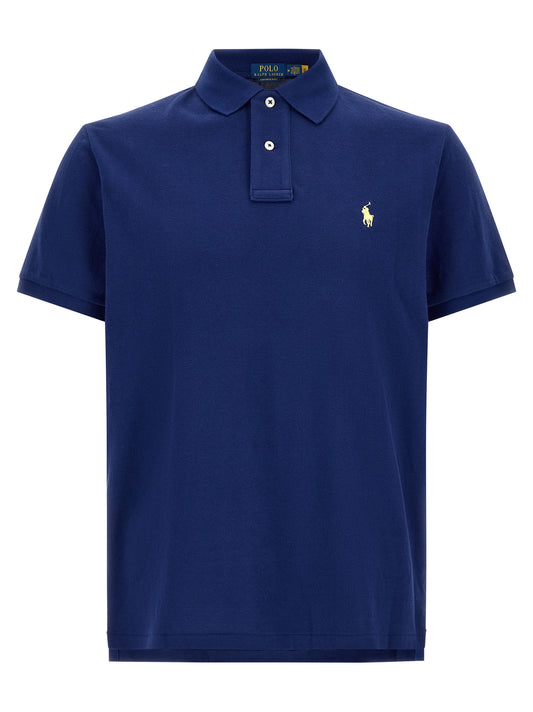 Polo Shirt by Polo Ralph Lauren for men in cotton blue showcases a sharp silhouette, detailed with a refined and sharp short-sleeve for a sophisticated finish.