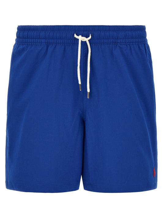 Swim Shorts from Polo Ralph Lauren for men in stretch polyester blue features an sleek silhouette, showcasing the distinct style of the Pony Men's Stretch Polyester Swim Shorts collection.