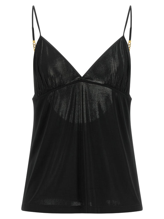 Tank Top by Saint Laurent for women in viscose satin black & gold showcases a sublime silhouette, with sleeveless and v-neck neckline details for a sublime finish.