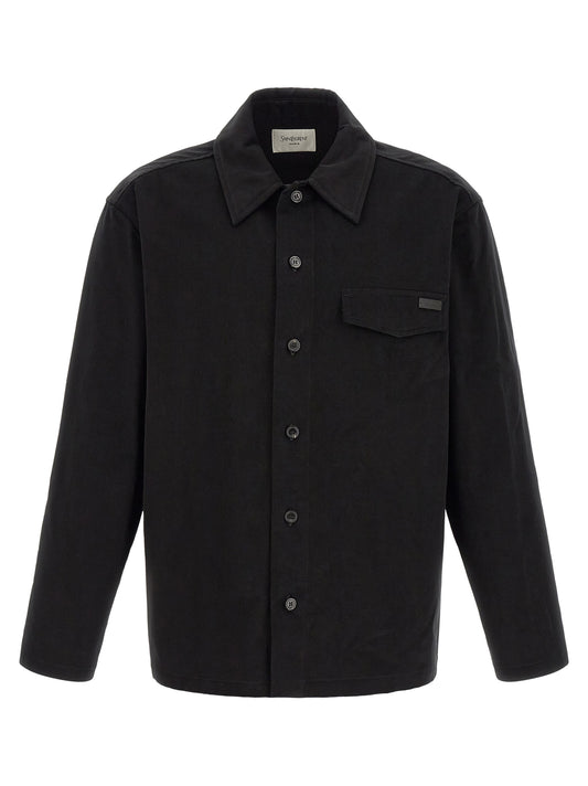 Overshirt by Saint Laurent for men in leather & cotton black showcases a sleek silhouette, elegantly detailed with a sleek and for a sleek finish.