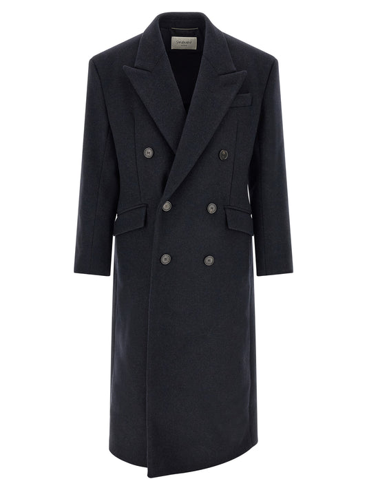 Overcoat by Saint Laurent for men in virgin wool navy showcases a enveloping silhouette, detailed with distinctive pockets & insulated and a enveloping split neckline.