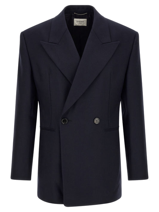 Blazer by Saint Laurent for men in wool navy features an crisp silhouette with sophisticated and a crisp for a truly crisp finish.