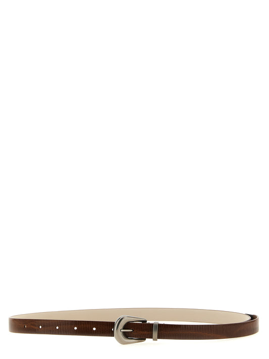 Belt by Brunello Cucinelli for women in bos taurus calfskin leather brown, silver, signature & striped features a artisanal-chic design, artfully capturing the essence of the Bos Taurus Calfskin Leather Belt with a artisanal-chic finish.