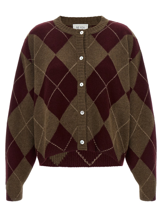 Cardigan by BE YOU for women in cashmere brown, burgundy, multicolor, pearl & patterned presents a textural silhouette, artfully finished with a textural crew neckline and for a sophisticated, textural look.