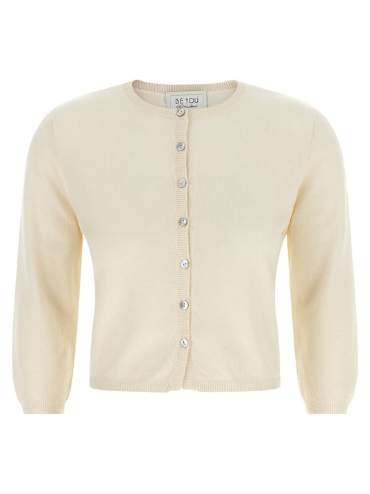 Cardigan by BE YOU for women in cashmere ivory, pearl & white presents a textural silhouette, artfully finished with a textural round neckline and three-quarter-sleeve for a sophisticated, textural look.