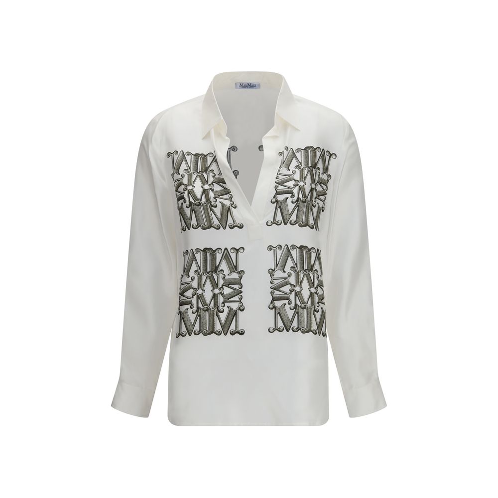 Dress Shirt by Max Mara for women in silk twill white & print showcases a sharp silhouette, elegantly detailed with a sharp v-neck neckline and sharp long-sleeve.