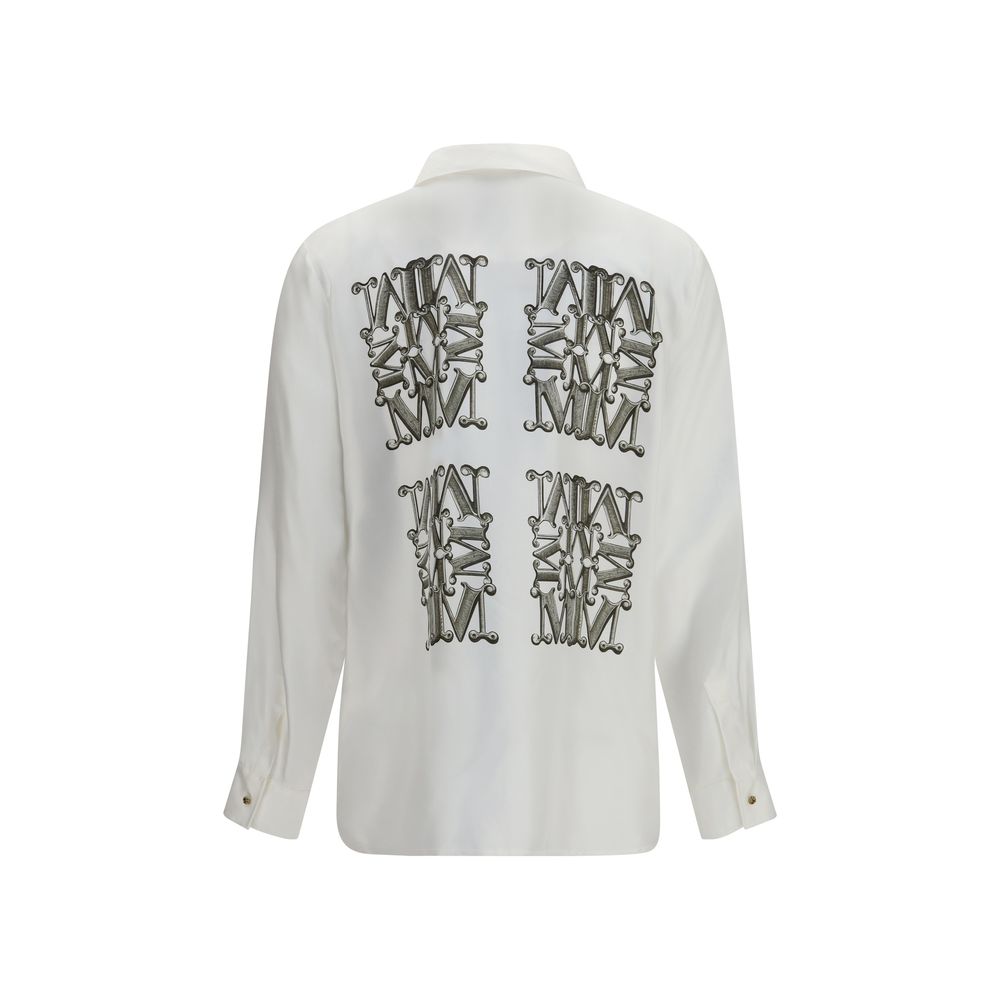 Dress Shirt by Max Mara for women in silk twill white & print features an architectural silhouette with a refined and elegant v-neck neckline for a architectural look.