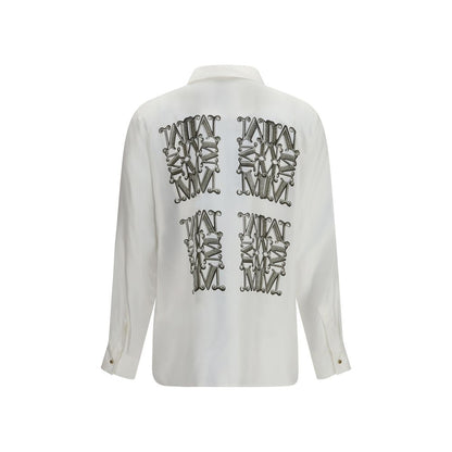 Dress Shirt by Max Mara for women in silk twill white & print features an architectural silhouette with a refined and elegant v-neck neckline for a architectural look.
