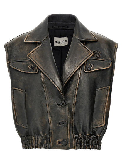 Miu Miu Brown Lamb Leather Sleeveless Jacket