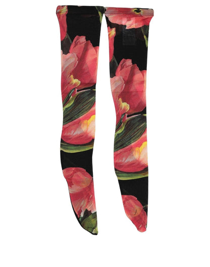 Dolce & Gabbana Women's Calf Leather & Nylon Socks - Black Multicolor Pink Floral Print