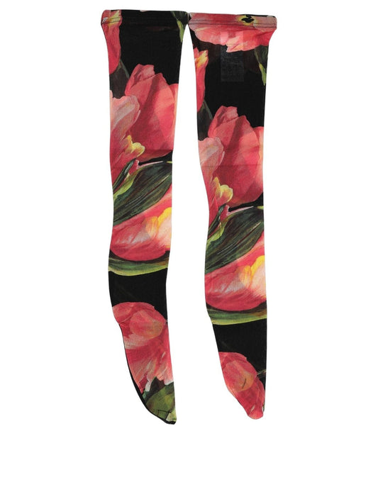 Dolce & Gabbana Women's Calf Leather & Nylon Socks - Black Multicolor Pink Floral Print