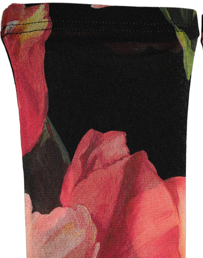 Dolce & Gabbana Women's Calf Leather & Nylon Socks - Black Multicolor Pink Floral Print