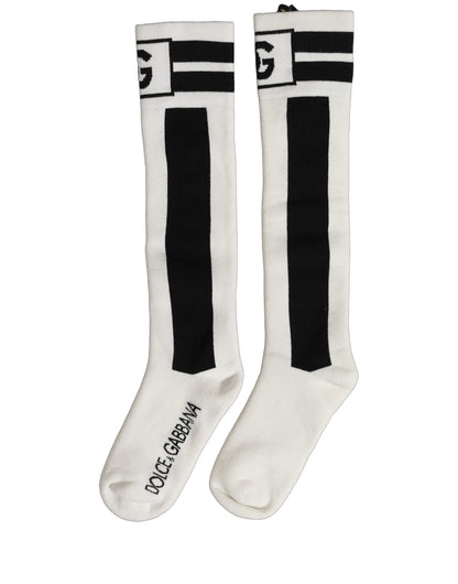 Socks by Dolce & Gabbana for women in nylon cotton black, white & striped features a contemporary knit construction, showcasing the sophisticated design of this Women's Nylon Cotton Socks with its contemporary finish.