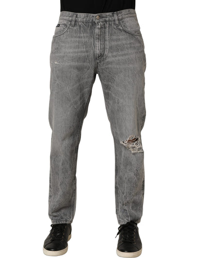 Jeans by Dolce & Gabbana for men in denim cotton gray & signature features a polished silhouette with a polished straight-leg, reaching a polished long and finished with a polished .