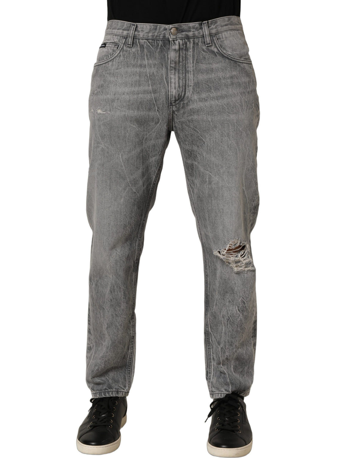 Jeans by Dolce & Gabbana for men in denim cotton gray & signature presents a refined pantology silhouette, artfully defined by a refined pantology straight-leg, long, and a sophisticated .