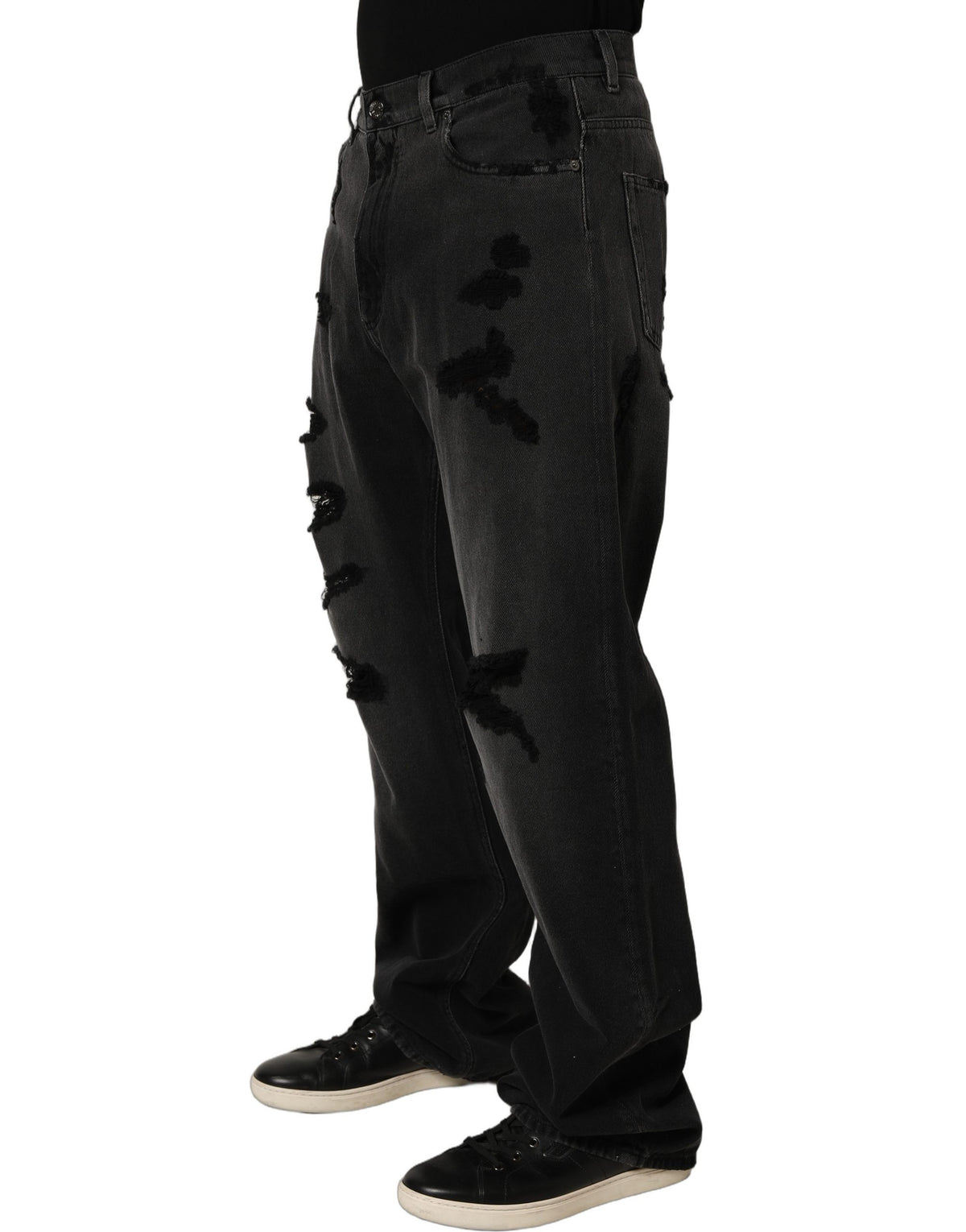 Jeans by Dolce & Gabbana for men in distressed cotton denim dark-gray & signature features an refined tailoring silhouette, showcasing a premium flared, relaxed-fit, wide & oversized with a and long cut for a refined tailoring look.