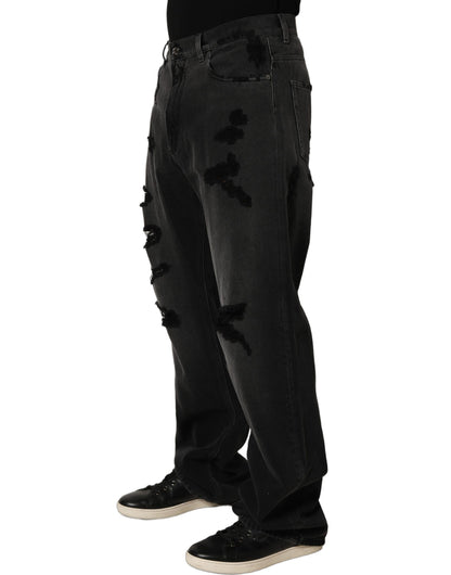 Jeans by Dolce & Gabbana for men in distressed cotton denim dark-gray & signature features an refined tailoring silhouette, showcasing a premium flared, relaxed-fit, wide & oversized with a and long cut for a refined tailoring look.