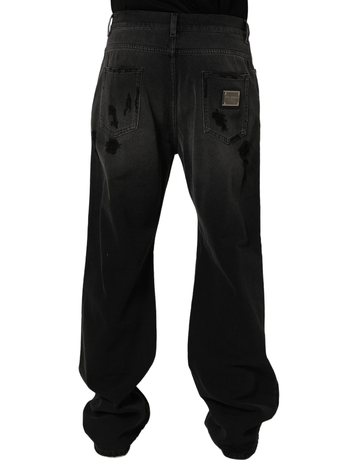 Jeans by Dolce & Gabbana for men in distressed cotton denim dark-gray & signature presents a refined pantology silhouette, artfully defined by a refined pantology flared, relaxed-fit, wide & oversized, long, and a sophisticated .