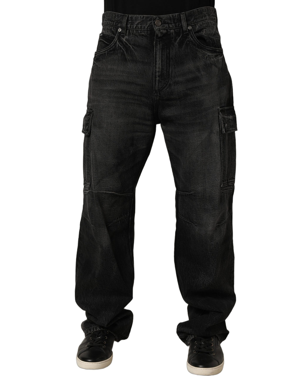 Jeans by Dolce & Gabbana for men in denim cotton dark-gray & signature features a polished silhouette with a polished relaxed-fit & wide, reaching a polished long and finished with a polished .