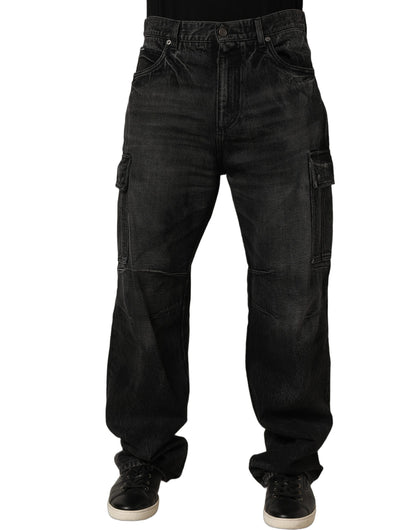 Jeans by Dolce & Gabbana for men in denim cotton dark-gray & signature presents a refined pantology silhouette, artfully defined by a refined pantology relaxed-fit & wide, long, and a sophisticated .