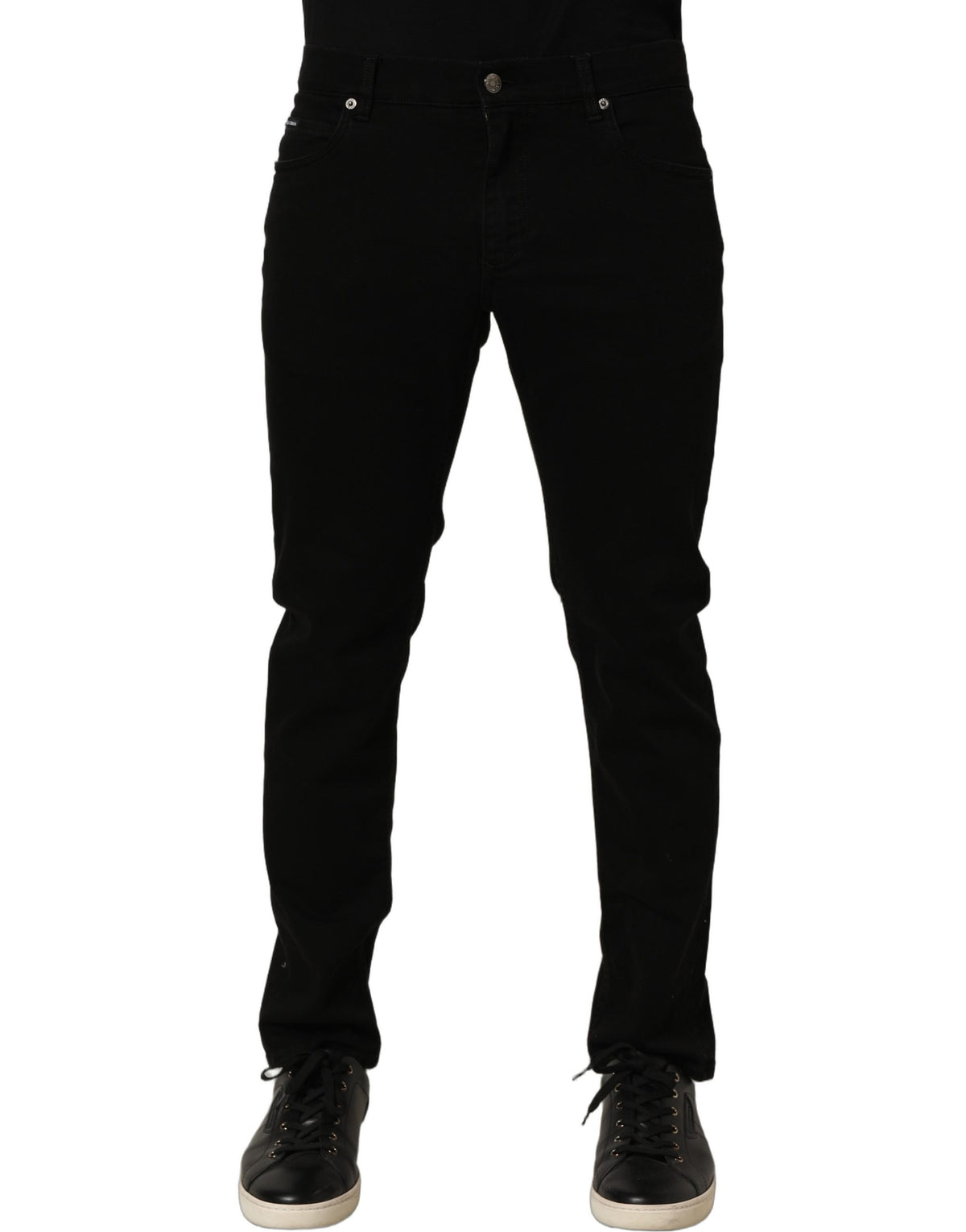 Jeans by Dolce & Gabbana for men in stretch denim cotton black & signature features a refined silhouette with a refined skinny & regular-fit, defined by a mid rise and a refined long for a refined finish.