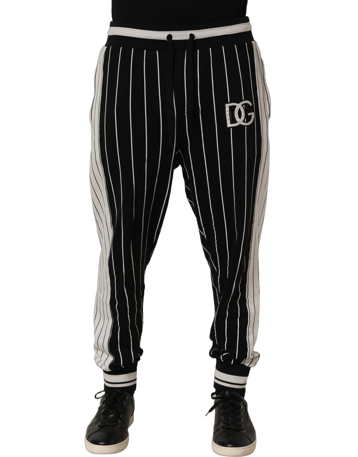 Jogger Sweatpants by Dolce & Gabbana for men in cotton black, white, pinstripe & striped features a athletic with a and long, showcasing athletic for a sophisticated performance look.