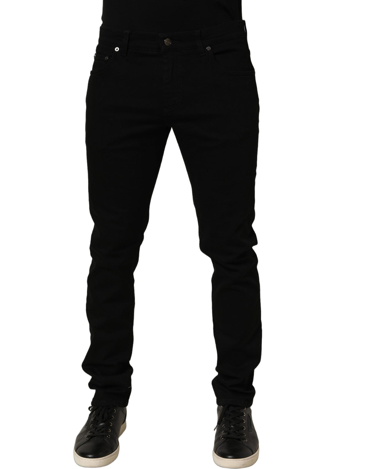 Jeans by Dolce & Gabbana for men in stretch denim cotton black & signature presents a tailored silhouette, showcasing a tailored skinny and long cut with a refined for a truly tailored aesthetic.